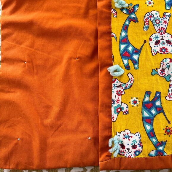 Retro Vintage HAND STITCHED Child Blanket Yellow Orange Multi Animals ADORABLE - Picture 3 of 13